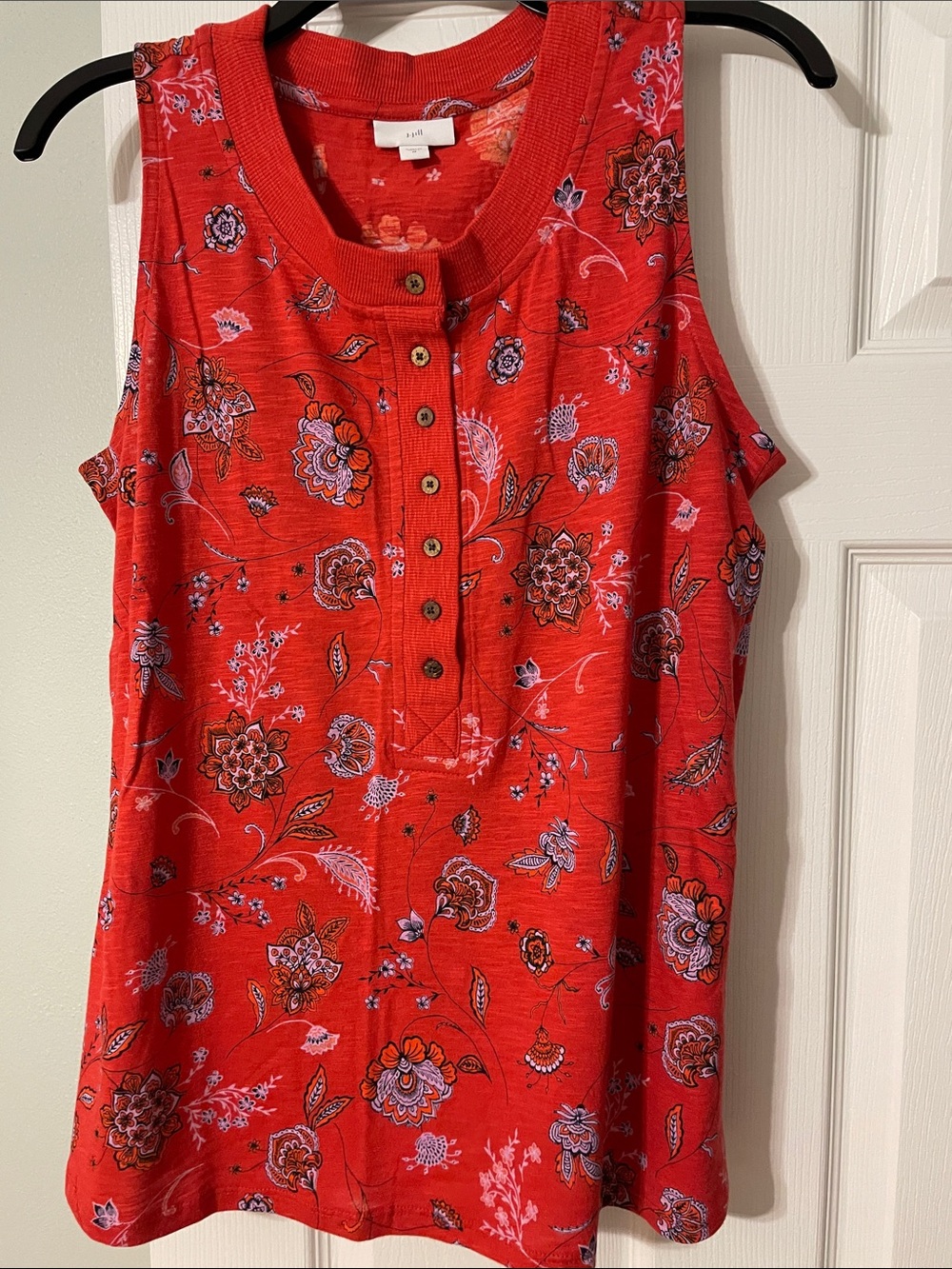 J. Jill Red Floral Sleeveless Henley Tank Top